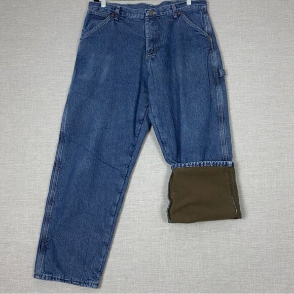 Wrangler Fleece Lined Carpenter Jeans Sz 34X30 Straight Leg Blue Work Jeans - Picture 2 of 9